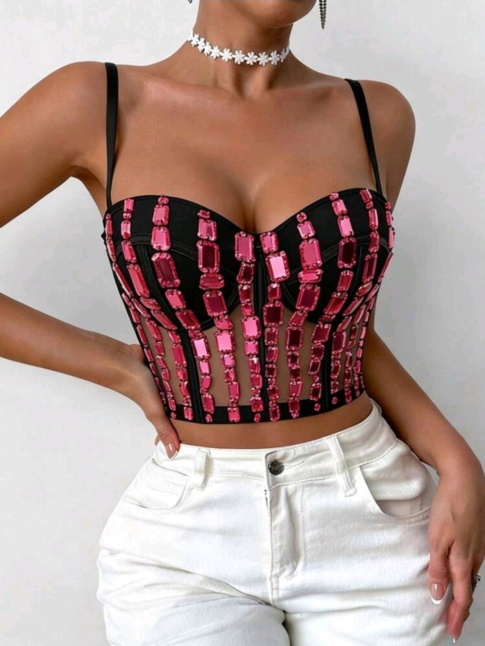 SHEIN Black Bustier Crop Top with Pink Sequin Chains